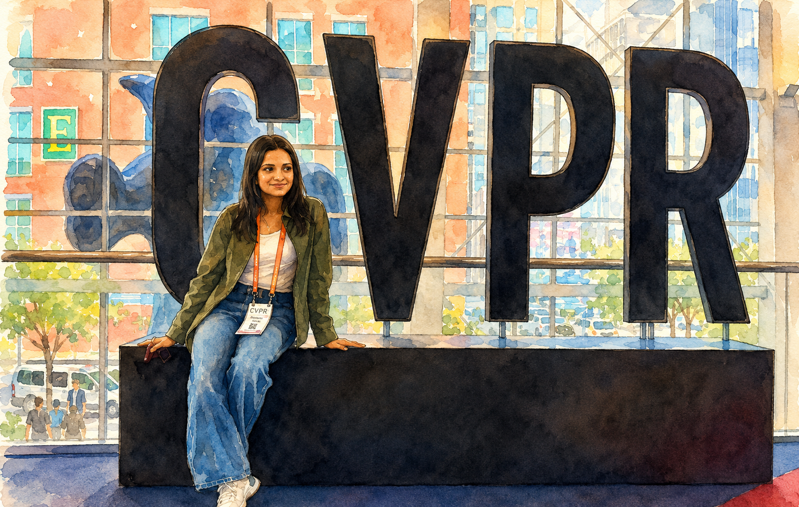 Watercolor illustration of Anshu at CVPR